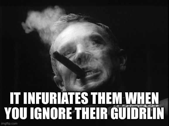 General Ripper (Dr. Strangelove) | IT INFURIATES THEM WHEN YOU IGNORE THEIR GUIDELINES | image tagged in general ripper dr strangelove | made w/ Imgflip meme maker