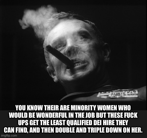 General Ripper (Dr. Strangelove) | YOU KNOW THEIR ARE MINORITY WOMEN WHO WOULD BE WONDERFUL IN THE JOB BUT THESE FUCK UPS GET THE LEAST QUALIFIED DEI HIRE THEY CAN FIND, AND T | image tagged in general ripper dr strangelove | made w/ Imgflip meme maker