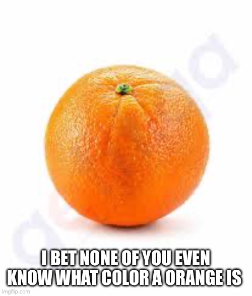 I bet none of you know | I BET NONE OF YOU EVEN KNOW WHAT COLOR A ORANGE IS | image tagged in orange | made w/ Imgflip meme maker