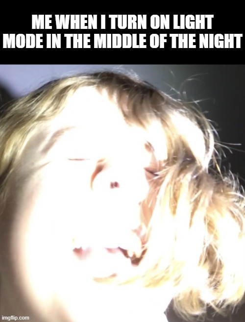Fox super bright light | ME WHEN I TURN ON LIGHT MODE IN THE MIDDLE OF THE NIGHT | image tagged in fox super bright light | made w/ Imgflip meme maker