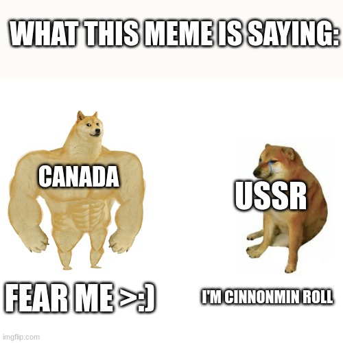 Buff Doge vs. Cheems Meme | CANADA USSR FEAR ME >:) I'M CINNONMIN ROLL WHAT THIS MEME IS SAYING: | image tagged in memes,buff doge vs cheems | made w/ Imgflip meme maker