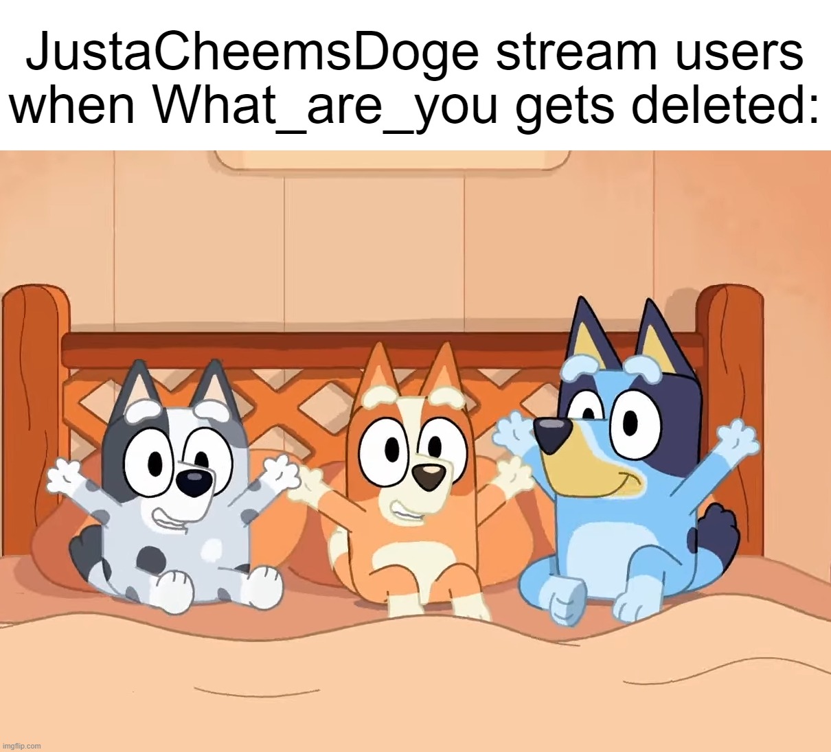 he must delete his account | JustaCheemsDoge stream users when What_are_you gets deleted: | image tagged in bluey | made w/ Imgflip meme maker