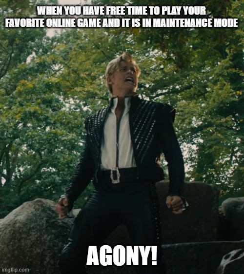 online game agony | WHEN YOU HAVE FREE TIME TO PLAY YOUR FAVORITE ONLINE GAME AND IT IS IN MAINTENANCE MODE; AGONY! | image tagged in into the woods agony | made w/ Imgflip meme maker