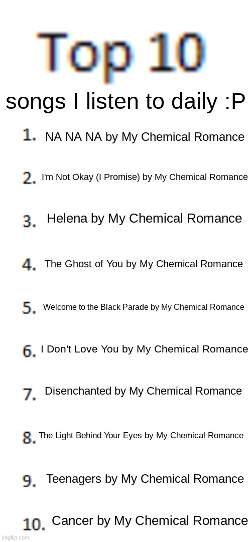 I think I like My Chemical Romance :T | songs I listen to daily :P; NA NA NA by My Chemical Romance; I'm Not Okay (I Promise) by My Chemical Romance; Helena by My Chemical Romance; The Ghost of You by My Chemical Romance; Welcome to the Black Parade by My Chemical Romance; I Don't Love You by My Chemical Romance; Disenchanted by My Chemical Romance; The Light Behind Your Eyes by My Chemical Romance; Teenagers by My Chemical Romance; Cancer by My Chemical Romance | image tagged in top 10 list | made w/ Imgflip meme maker