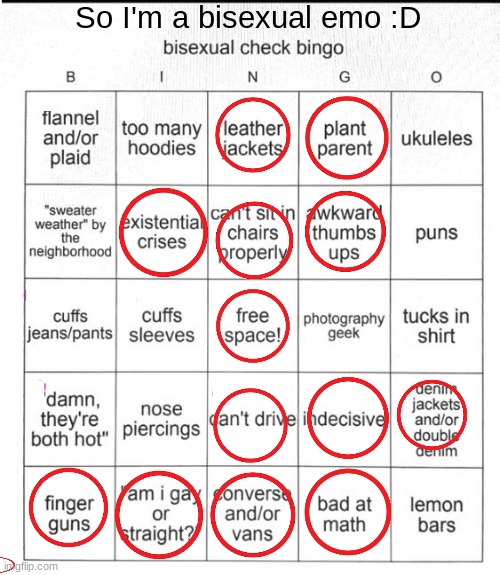 Cool, bisexual emo :D | So I'm a bisexual emo :D | image tagged in bisexual bingo | made w/ Imgflip meme maker