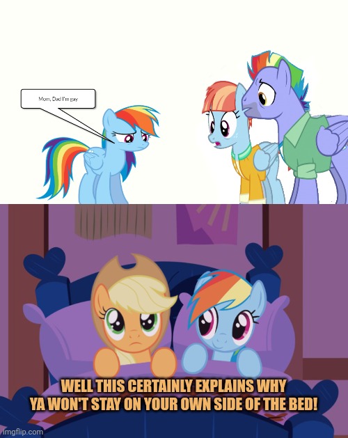 Rainbow comes out | WELL THIS CERTAINLY EXPLAINS WHY YA WON'T STAY ON YOUR OWN SIDE OF THE BED! | image tagged in rainbow dash,comes out,mlp | made w/ Imgflip meme maker