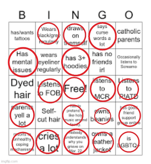 I know this has nothing to do with writing but I wanna know how similar I am to other people | image tagged in emo bingo | made w/ Imgflip meme maker