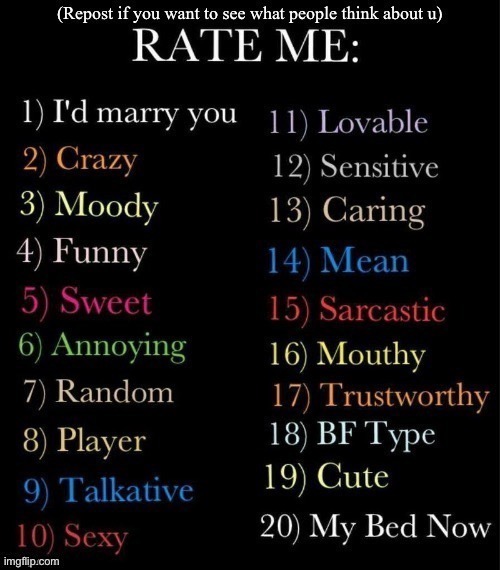 Anyway I am kinda bored rn so I will gladly also reply to questions | image tagged in rate me | made w/ Imgflip meme maker