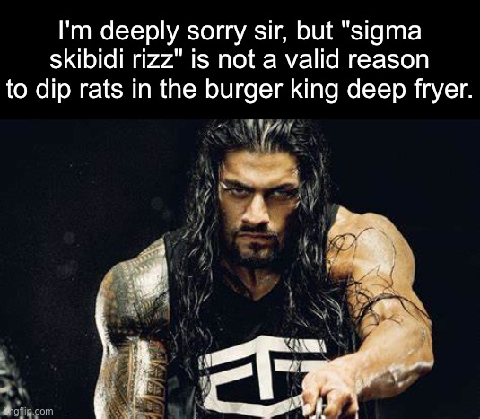 Thanos talking - Roman Reigns edition | I'm deeply sorry sir, but "sigma skibidi rizz" is not a valid reason to dip rats in the burger king deep fryer. | image tagged in thanos talking - roman reigns edition | made w/ Imgflip meme maker