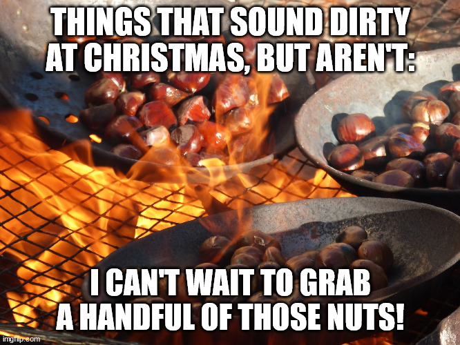 Things That Sound Dirty At Christmas (Part 12) | THINGS THAT SOUND DIRTY AT CHRISTMAS, BUT AREN'T:; I CAN'T WAIT TO GRAB A HANDFUL OF THOSE NUTS! | image tagged in chestnuts roasting,funny,humor,christmas,double entendre | made w/ Imgflip meme maker