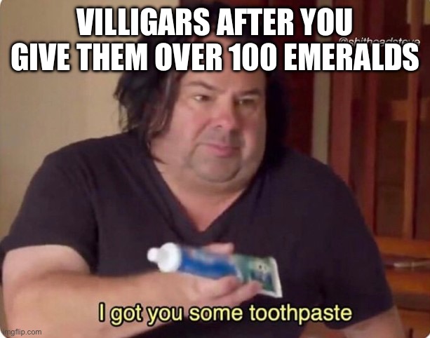 I got you some toothpaste | VILLIGARS AFTER YOU GIVE THEM OVER 100 EMERALDS | image tagged in i got you some toothpaste | made w/ Imgflip meme maker