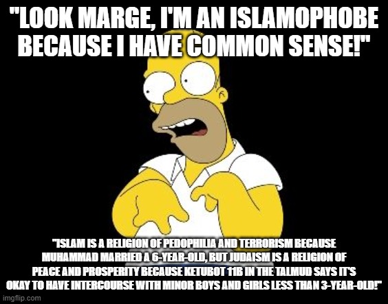 Islamophobes and Their "Common Sense" | "LOOK MARGE, I'M AN ISLAMOPHOBE BECAUSE I HAVE COMMON SENSE!" "ISLAM IS A RELIGION OF PEDOPHILIA AND TERRORISM BECAUSE MUHAMMAD MARRIED A 6- | image tagged in look marge,islamophobia,judaism,jew,pedophile,common sense | made w/ Imgflip meme maker