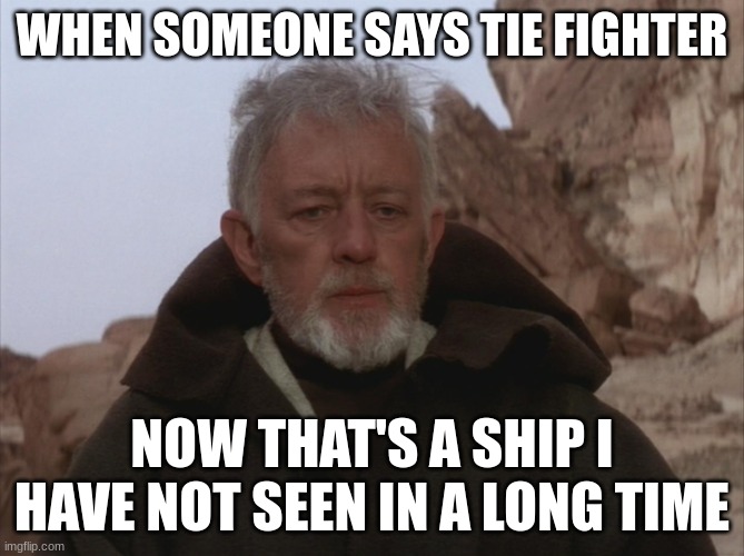 Obi Wan Thats a name Ive not heard in a long time a long time | WHEN SOMEONE SAYS TIE FIGHTER; NOW THAT'S A SHIP I HAVE NOT SEEN IN A LONG TIME | image tagged in obi wan thats a name ive not heard in a long time a long time | made w/ Imgflip meme maker