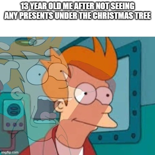 I think most of us will relate | 13 YEAR OLD ME AFTER NOT SEEING ANY PRESENTS UNDER THE CHRISTMAS TREE | image tagged in fry,christmas,scared,relatable | made w/ Imgflip meme maker