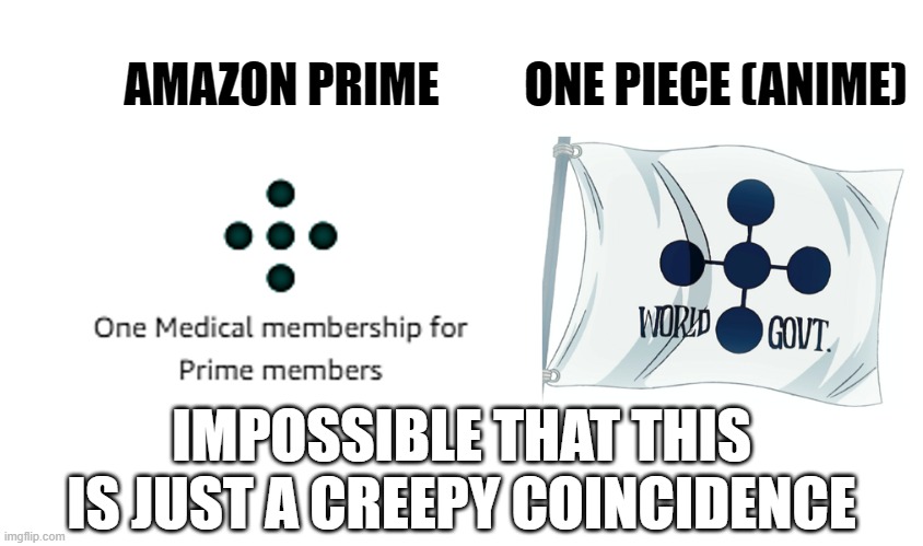 Just noticed this today | AMAZON PRIME         ONE PIECE (ANIME); IMPOSSIBLE THAT THIS IS JUST A CREEPY COINCIDENCE | image tagged in world government,one piece,anime,amazon,prime,new world order | made w/ Imgflip meme maker