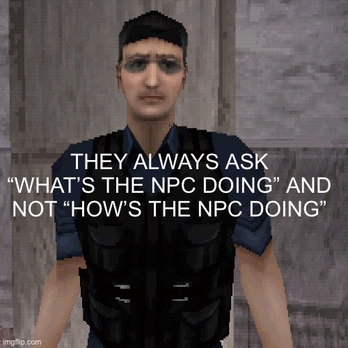 Sad NPC | THEY ALWAYS ASK “WHAT’S THE NPC DOING” AND NOT “HOW’S THE NPC DOING” | image tagged in sad npc | made w/ Imgflip meme maker