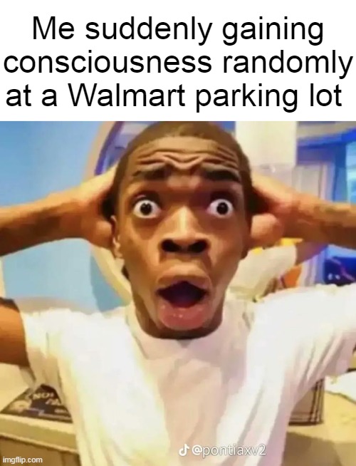 "WOAH I CAN THINK NOW" | Me suddenly gaining consciousness randomly at a Walmart parking lot | image tagged in shocked black guy,memes,funny,hi there people in the tags,hope you guys are having a good day | made w/ Imgflip meme maker