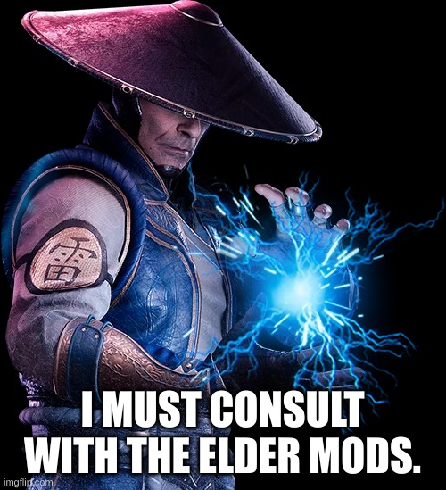 Lord raiden | I MUST CONSULT WITH THE ELDER MODS. | image tagged in lord raiden | made w/ Imgflip meme maker