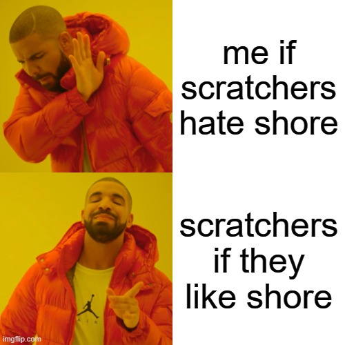 ShoreIsCool First meme | me if scratchers hate shore; scratchers if they like shore | image tagged in memes,drake hotline bling,shore,scratch | made w/ Imgflip meme maker