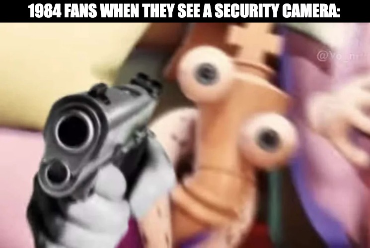 Kinger with a gun | 1984 FANS WHEN THEY SEE A SECURITY CAMERA: | image tagged in kinger with a gun,1984,orwell,george orwell,security camera,government | made w/ Imgflip meme maker