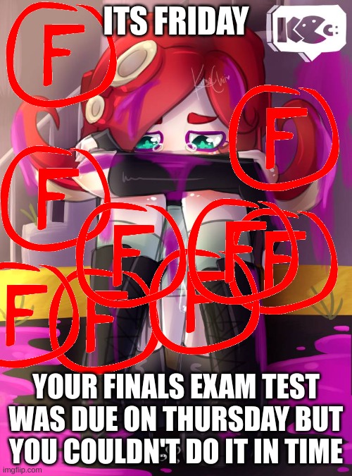 clever title | ITS FRIDAY; YOUR FINALS EXAM TEST WAS DUE ON THURSDAY BUT YOU COULDN'T DO IT IN TIME | image tagged in crying octoling,finals week | made w/ Imgflip meme maker