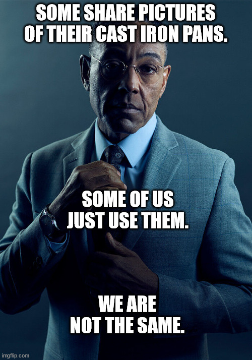 Gus Fring we are not the same | SOME SHARE PICTURES OF THEIR CAST IRON PANS. SOME OF US JUST USE THEM. WE ARE NOT THE SAME. | image tagged in gus fring we are not the same | made w/ Imgflip meme maker