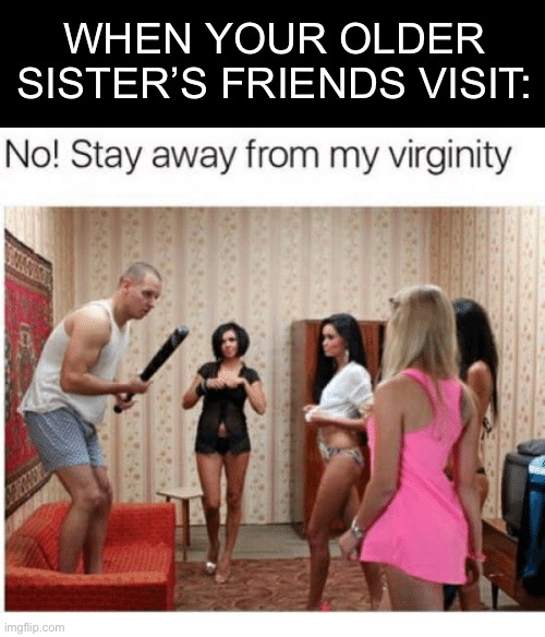 Sister’s friends | WHEN YOUR OLDER SISTER’S FRIENDS VISIT: | image tagged in stay away from my virginity,friends,sister | made w/ Imgflip meme maker