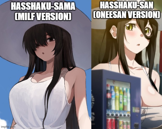 Hasshaku types | HASSHAKU-SAN (ONEESAN VERSION); HASSHAKU-SAMA (MILF VERSION) | image tagged in milf | made w/ Imgflip meme maker