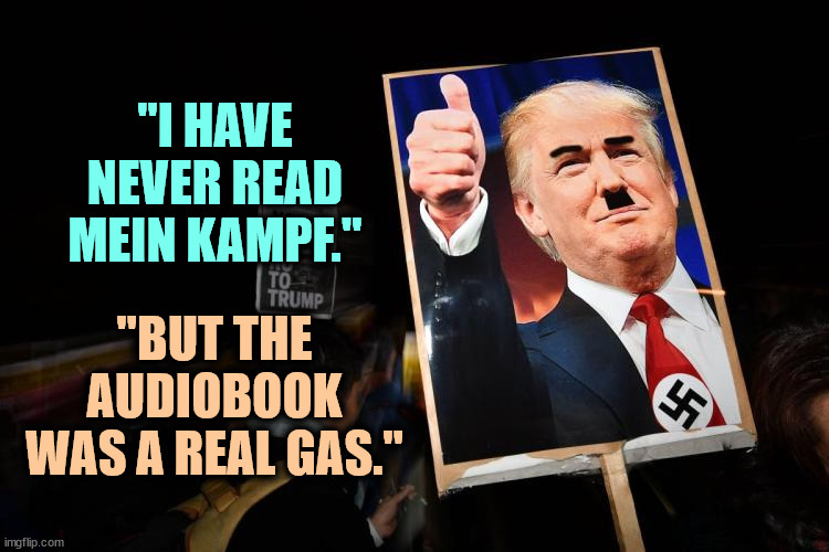 Achtung! | "I HAVE NEVER READ MEIN KAMPF."; "BUT THE AUDIOBOOK WAS A REAL GAS." | image tagged in trump,hitler,fan,mein kampf,audiobook | made w/ Imgflip meme maker