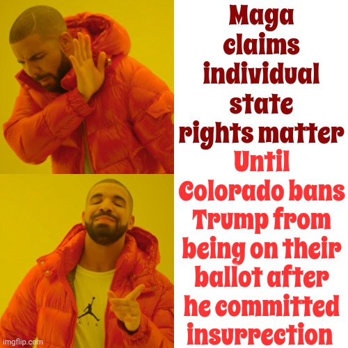 Banned | Maga claims individual state rights matter; Until Colorado bans Trump from being on their ballot after he committed insurrection | image tagged in memes,drake hotline bling,banned,scumbag maga,scumbag trump,lock him up | made w/ Imgflip meme maker