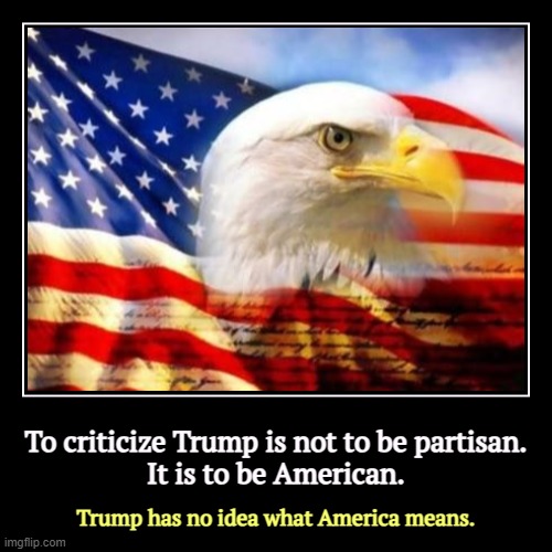 Note to Right Wing Echo Chamber. | To criticize Trump is not to be partisan.
It is to be American. | Trump has no idea what America means. | image tagged in funny,demotivationals,trump,criticize,patriotic | made w/ Imgflip demotivational maker