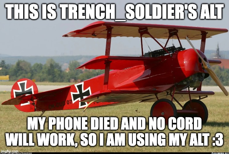 Manfred von Richthofen's plane (not a fucking nazi plain, david. it is a ww1 plane) | THIS IS TRENCH_SOLDIER'S ALT; MY PHONE DIED AND NO CORD WILL WORK, SO I AM USING MY ALT :3 | image tagged in manfred von richthofen | made w/ Imgflip meme maker