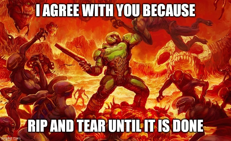 Doom Slayer killing demons | I AGREE WITH YOU BECAUSE RIP AND TEAR UNTIL IT IS DONE | image tagged in doom slayer killing demons | made w/ Imgflip meme maker