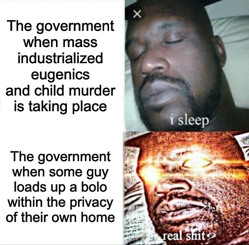 Sleeping Shaq Meme | The government when mass industrialized eugenics and child murder is taking place; The government when some guy loads up a bolo within the privacy of their own home | image tagged in memes,sleeping shaq,big pharma,big government,bolo,drugs | made w/ Imgflip meme maker