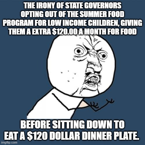 Y U No Meme | THE IRONY OF STATE GOVERNORS OPTING OUT OF THE SUMMER FOOD PROGRAM FOR LOW INCOME CHILDREN, GIVING THEM A EXTRA $120.00 A MONTH FOR FOOD; BEFORE SITTING DOWN TO EAT A $120 DOLLAR DINNER PLATE. | image tagged in memes,y u no | made w/ Imgflip meme maker