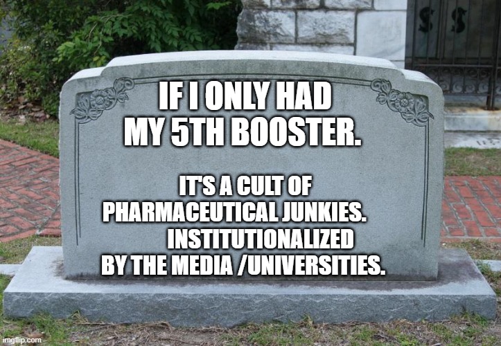 Gravestone | IF I ONLY HAD MY 5TH BOOSTER. IT'S A CULT OF PHARMACEUTICAL JUNKIES.             INSTITUTIONALIZED BY THE MEDIA /UNIVERSITIES. | image tagged in gravestone | made w/ Imgflip meme maker
