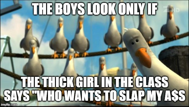 Nemo Seagulls Mine | THE BOYS LOOK ONLY IF; THE THICK GIRL IN THE CLASS SAYS "WHO WANTS TO SLAP MY A$S | image tagged in nemo seagulls mine | made w/ Imgflip meme maker