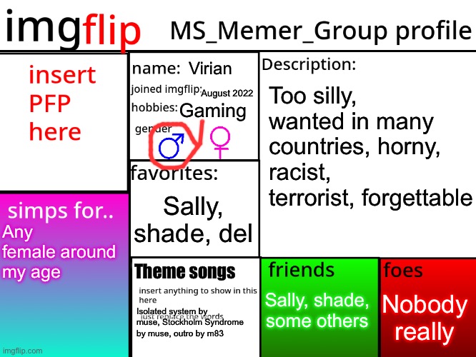 Forgor to put pfp | Virian; August 2022; Too silly, wanted in many countries, horny, racist, terrorist, forgettable; Gaming; Sally, shade, del; Any female around my age; Theme songs; Sally, shade, some others; Nobody really; Isolated system by muse, Stockholm Syndrome by muse, outro by m83 | image tagged in msmg profile | made w/ Imgflip meme maker
