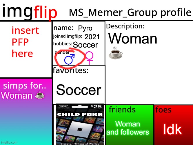 MSMG Profile | Pyro; Woman ☕️; 2021; Soccer; Soccer; Woman ☕️; Idk; Woman and followers | image tagged in msmg profile | made w/ Imgflip meme maker