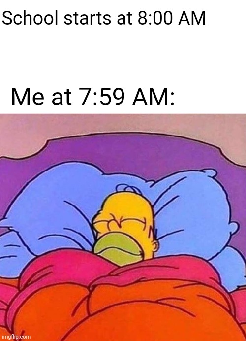 True | School starts at 8:00 AM; Me at 7:59 AM: | image tagged in homer simpson sleeping peacefully | made w/ Imgflip meme maker