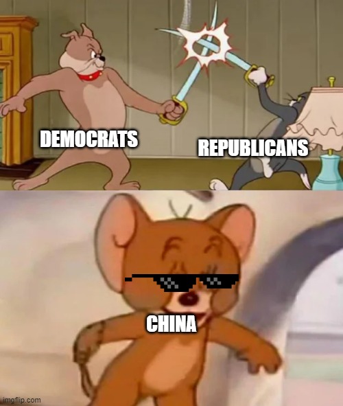 realist thing | DEMOCRATS; REPUBLICANS; CHINA | image tagged in tom and spike fighting | made w/ Imgflip meme maker