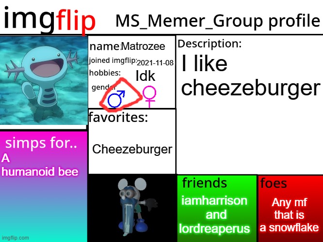 saw people doing this might as do too | Matrozee; I like cheezeburger; 2021-11-08; Idk; Cheezeburger; A humanoid bee; Any mf that is a snowflake; iamharrison
 and lordreaperus | image tagged in msmg profile | made w/ Imgflip meme maker