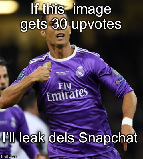 Ronaldo | If this  image gets 30 upvotes; I’ll leak dels Snapchat; NO I WON’T LOL | image tagged in ronaldo | made w/ Imgflip meme maker