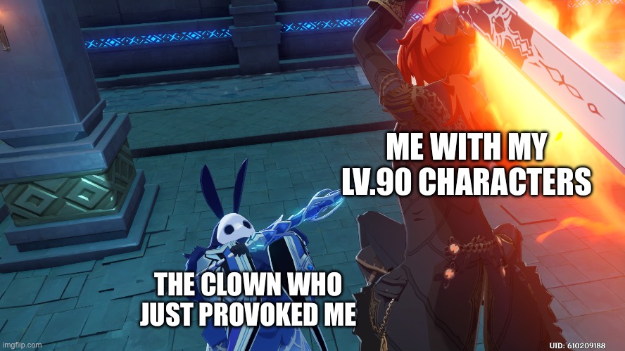 Random Genshin Impact Photo | ME WITH MY LV.90 CHARACTERS; THE CLOWN WHO JUST PROVOKED ME | image tagged in random genshin impact photo | made w/ Imgflip meme maker