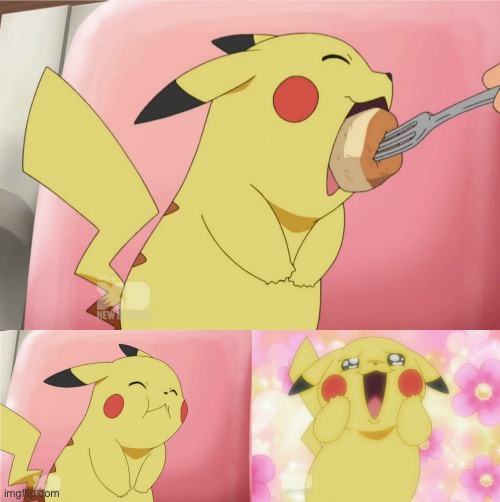 Rylie when Del dogs | image tagged in pikachu eating cake | made w/ Imgflip meme maker