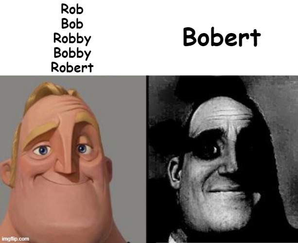 Who the hell names their kid Bobert? | Rob
Bob
Robby
Bobby
Robert; Bobert | image tagged in traumatized mr incredible | made w/ Imgflip meme maker