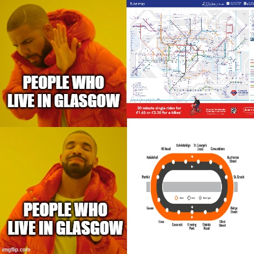 Not trying to be rude to people who live in glasgow | PEOPLE WHO LIVE IN GLASGOW; PEOPLE WHO LIVE IN GLASGOW | image tagged in memes,drake hotline bling,subway | made w/ Imgflip meme maker