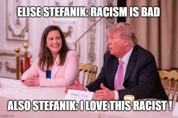 ELISE STEFANIK: RACISM IS BAD; ALSO STEFANIK: I LOVE THIS RACIST ! | image tagged in trump,racism | made w/ Imgflip meme maker