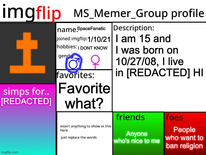 MSMG Profile | SpaceFanatic; I am 15 and I was born on 10/27/08, I live in [REDACTED] HI; 1/10/21; I DONT KNOW; Favorite what? [REDACTED]; People who want to ban religion; Anyone who's nice to me | image tagged in msmg profile | made w/ Imgflip meme maker