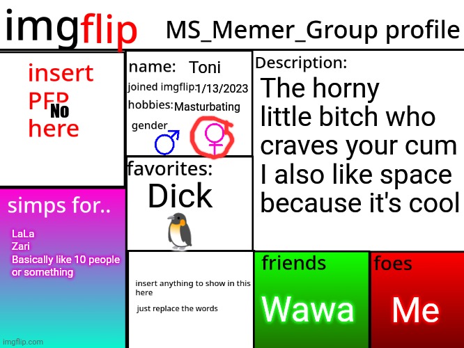 MSMG Profile | Toni; The horny little bitch who craves your cum
I also like space because it's cool; 1/13/2023; Masturbating; No; Dick
🐧; LaLa
Zari
Basically like 10 people or something; Me; Wawa | image tagged in msmg profile | made w/ Imgflip meme maker